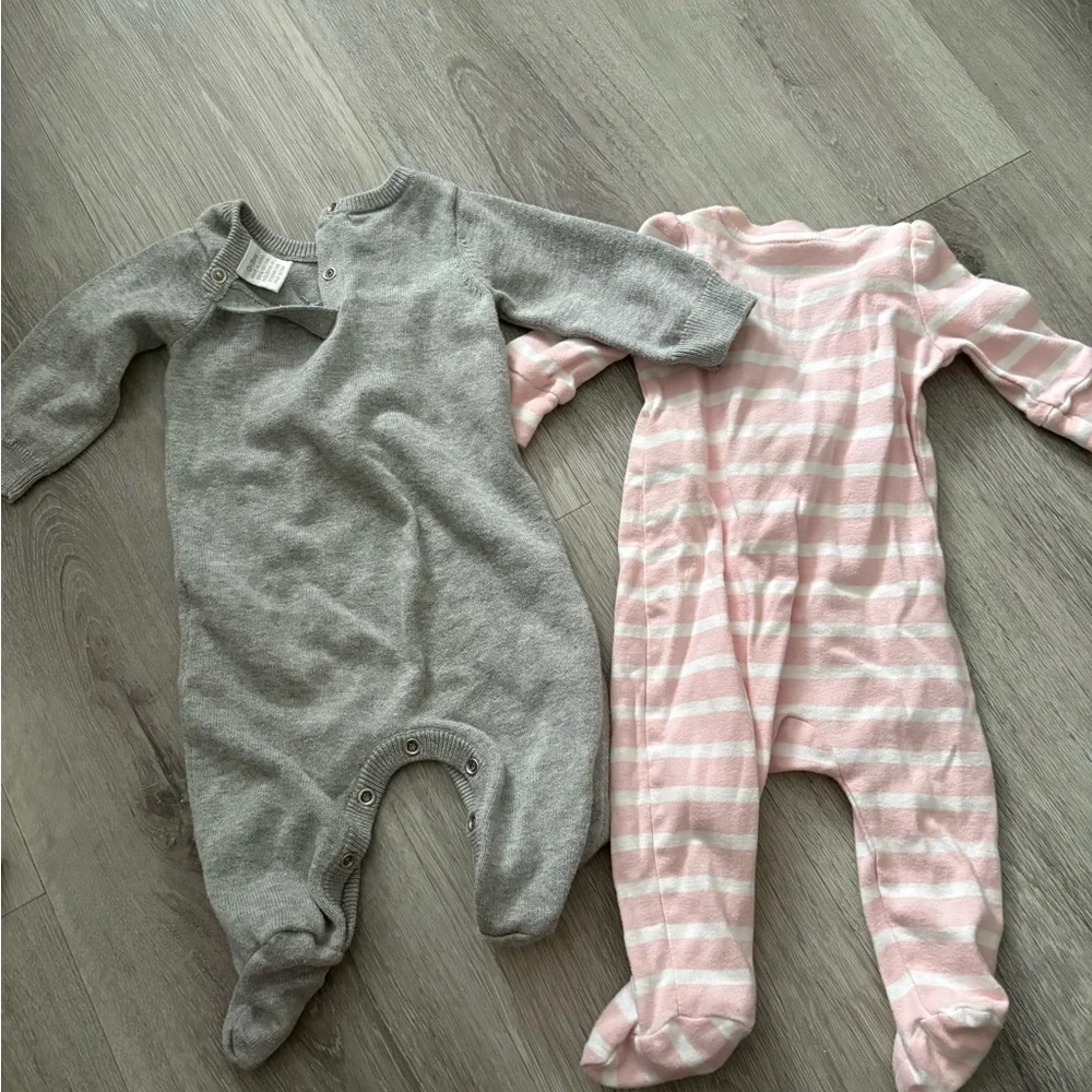 OshKosh B'gosh Gray Bear and Baby Gap Pink Striped Footies Bundle